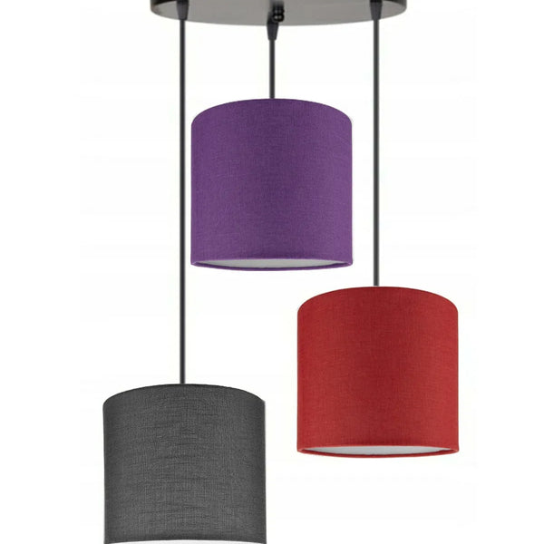 3lü Antrasit Mor Kırmızı Silindir Kumaş Abajur Sarkıt Avize Modern Dekoratif Tasarım