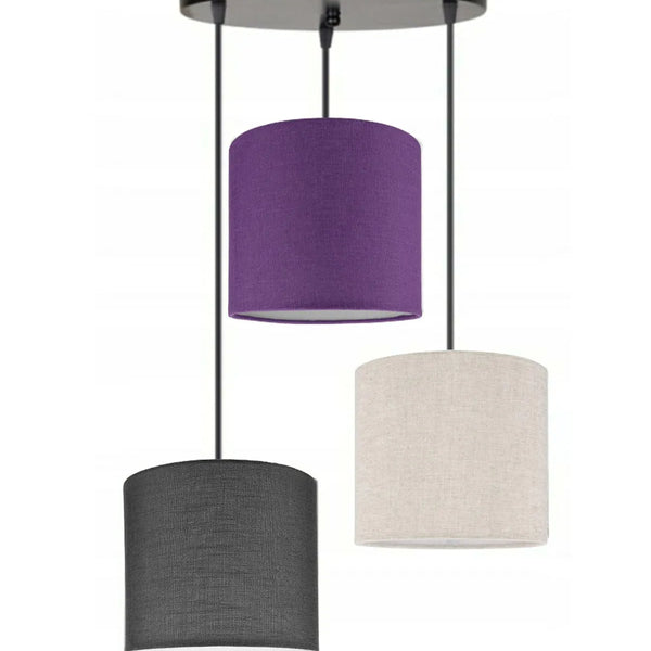 3lü Antrasit Mor Krem Silindir Kumaş Abajur Sarkıt Avize Modern Dekoratif Tasarım