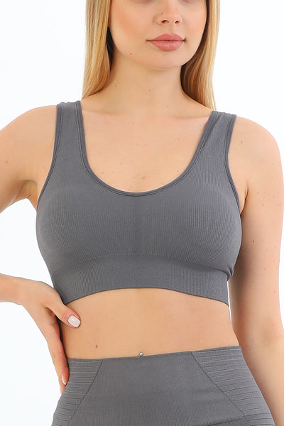 Gizli Destekli Seamless Fitilli Crop Top Füme