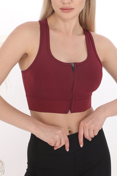 Fermuarlı Sporcu Crop Top Bordo