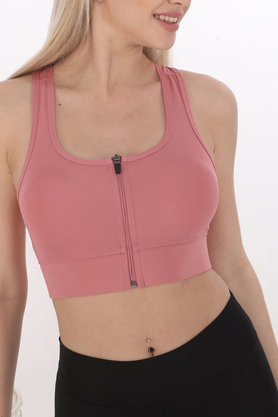 Fermuarlı Sporcu Crop Top Pembe