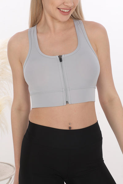 Fermuarlı Sporcu Crop Top Gri