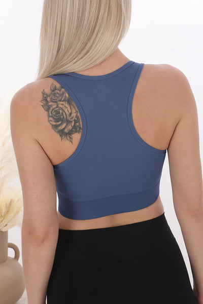 Fermuarlı Sporcu Crop Top Mavi