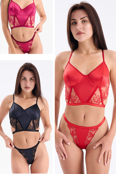 Çiçek Detaylı Bralet Set Kırmızı